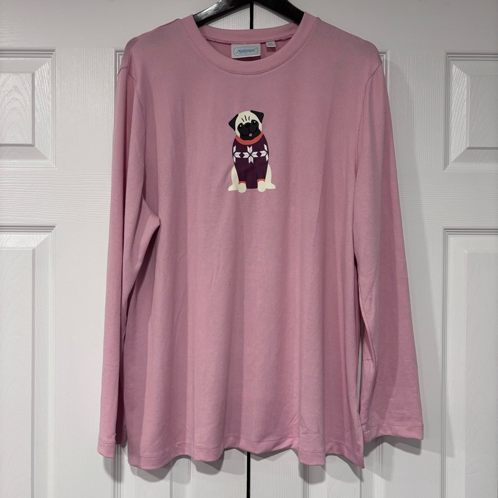 National Since 1952 Pink Long Sleeve Shirt with Pug Graphic Size XL